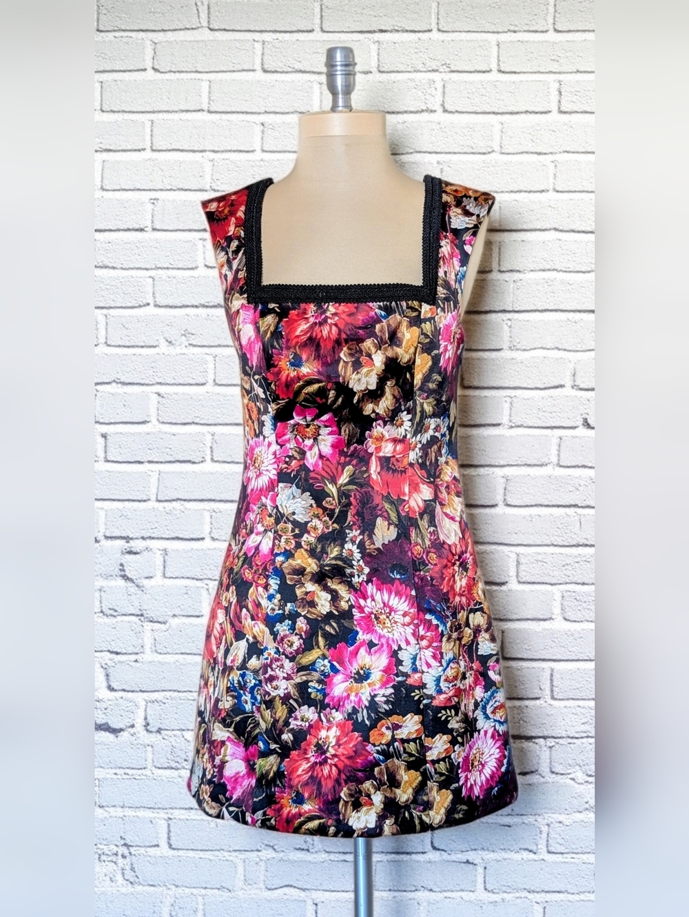 Maeve Square-Neck Patterned Floral Mini A-Line Dress: Size S